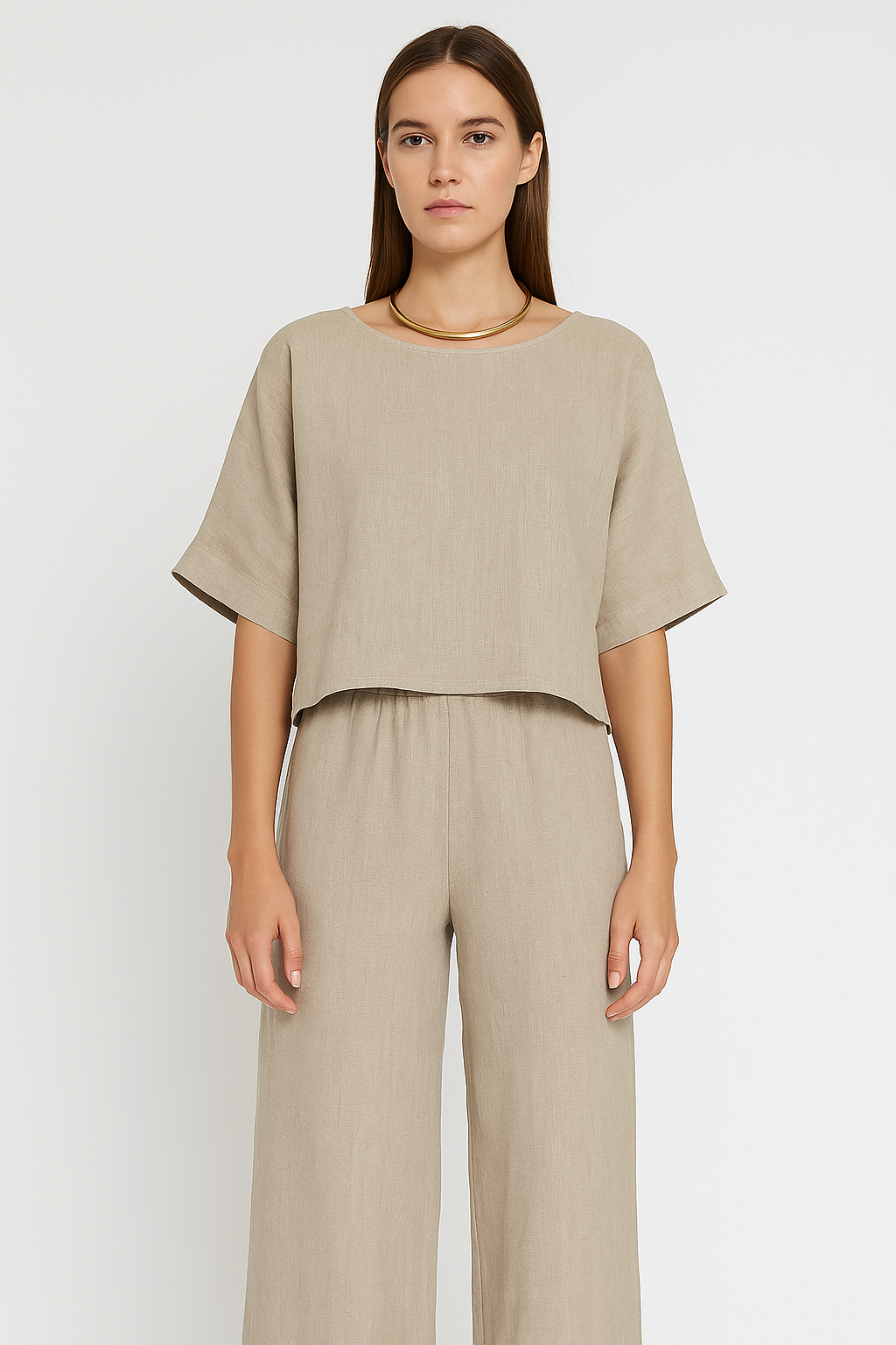 Cloe | Linnen achtig pak | High waisted | top met ronde hals | High waisted broek