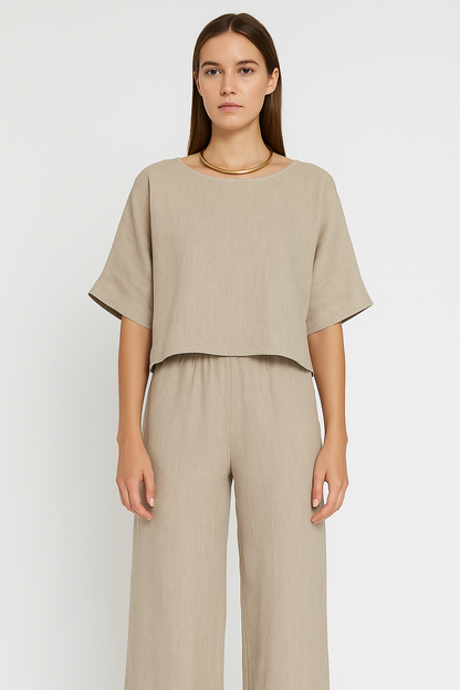 Cloe | Linnen achtig pak | High waisted | top met ronde hals | High waisted broek