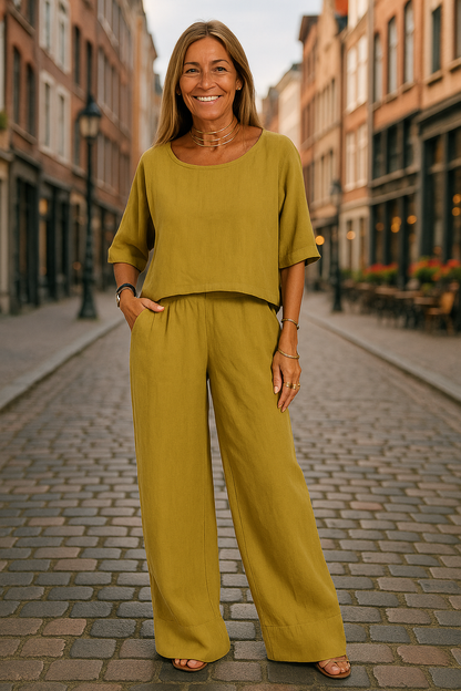 Cloe | Linnen achtig pak | High waisted | top met ronde hals | High waisted broek