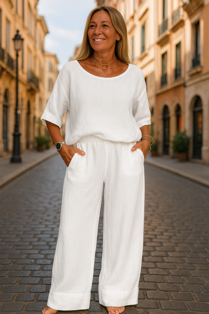 Cloe | Linnen achtig pak | High waisted | top met ronde hals | High waisted broek