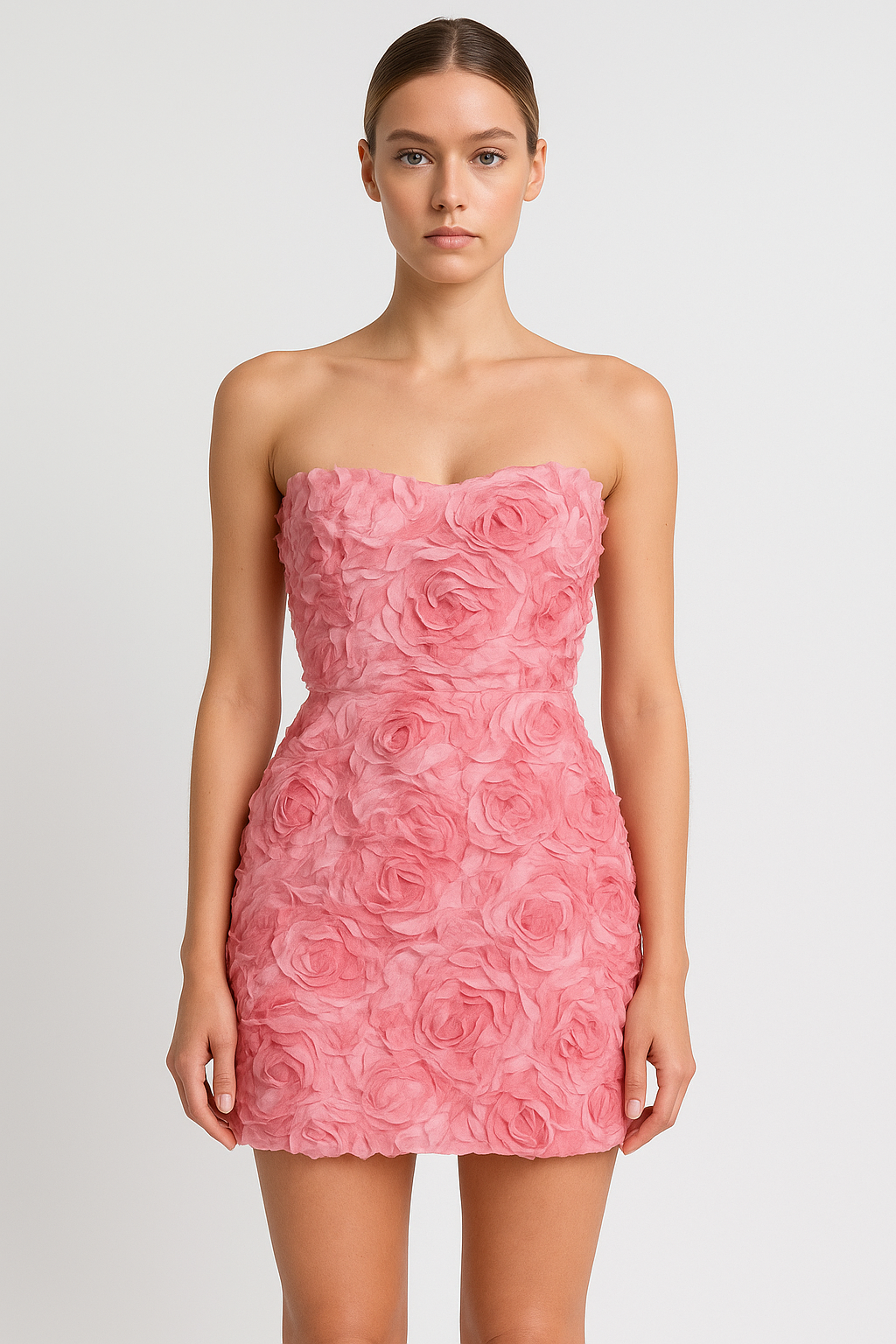 Raisa | Strapless jurk | Met roosjes | Mini jurk | Zachtroze kleur | Hoge taille | Bloemmotief