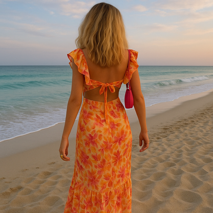 Pine | Lange jurk | V-hals | Chic en casual | boho-stijl | Ruches aan de vleermuismouwen