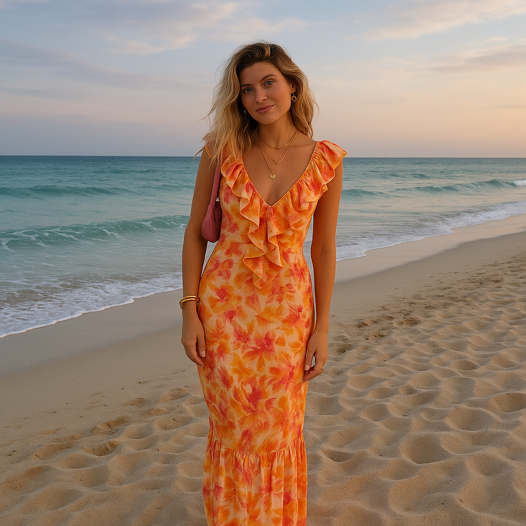 Pine | Lange jurk | V-hals | Chic en casual | boho-stijl | Ruches aan de vleermuismouwen