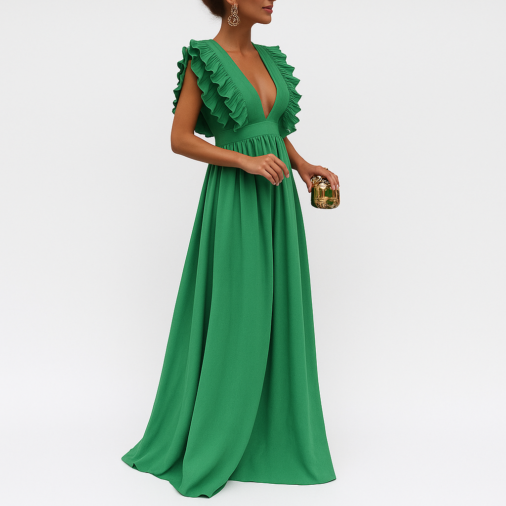 Mientje | Lange jurk | Diepe V-hals | Omarmt ieder figuur | Ruches aan de mouwen | Perfect voor elke gelegenheid