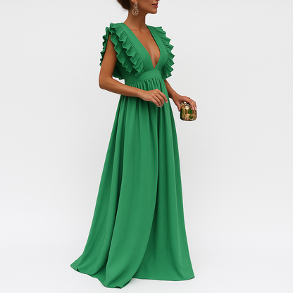 Mientje | Lange jurk | Diepe V-hals | Omarmt ieder figuur | Ruches aan de mouwen | Perfect voor elke gelegenheid