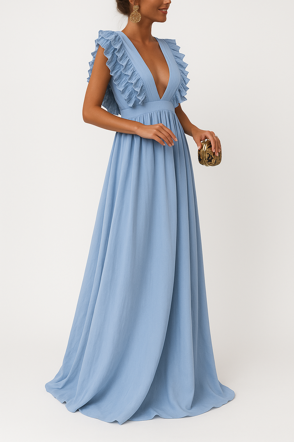 Mientje | Lange jurk | Diepe V-hals | Omarmt ieder figuur | Ruches aan de mouwen | Perfect voor elke gelegenheid