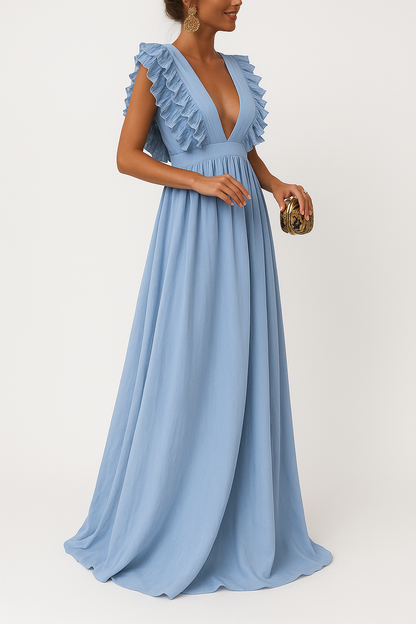 Mientje | Lange jurk | Diepe V-hals | Omarmt ieder figuur | Ruches aan de mouwen | Perfect voor elke gelegenheid