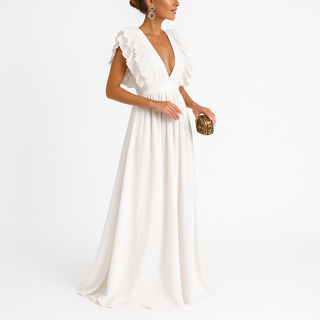 Mientje | Lange jurk | Diepe V-hals | Omarmt ieder figuur | Ruches aan de mouwen | Perfect voor elke gelegenheid