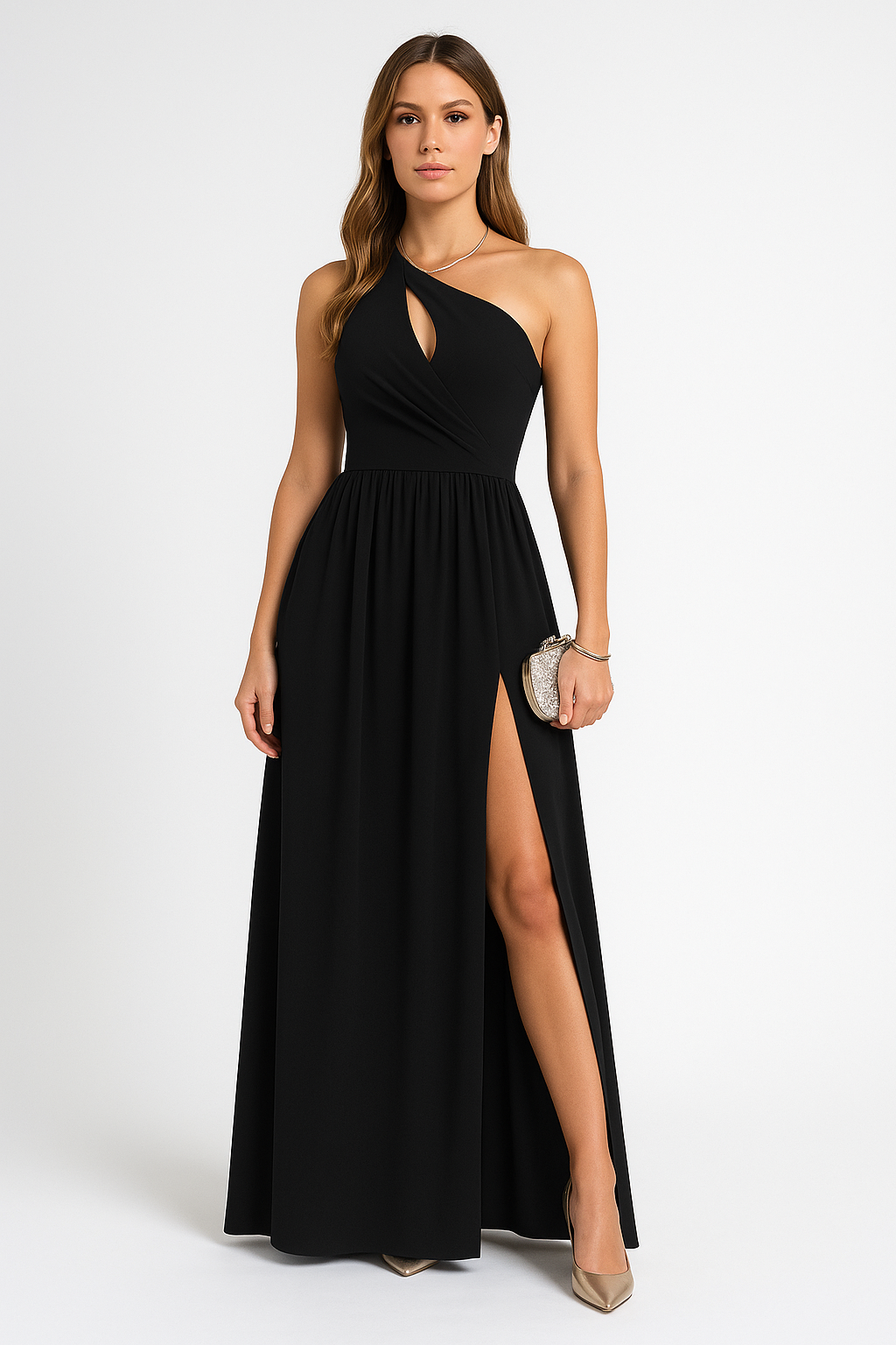 Lieke | Lange jurk | One shoulder | Split aan de voorkant | Soepel vallend