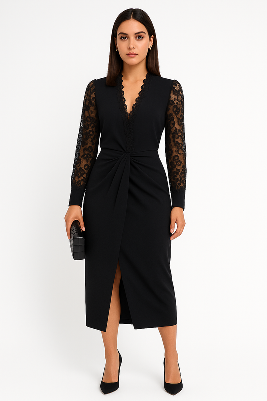 Sharon | Avond jurk met kanten mouwen | Diepe V-hals