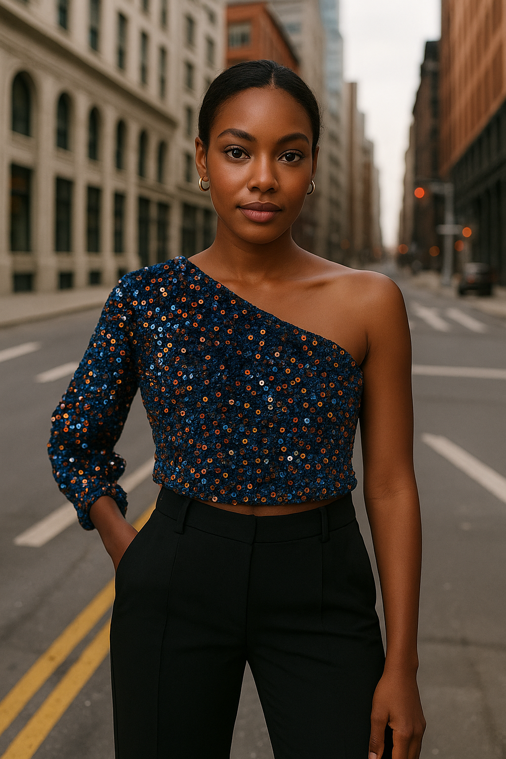 Elise | Top | Glitters | One shoulder | Cropped model