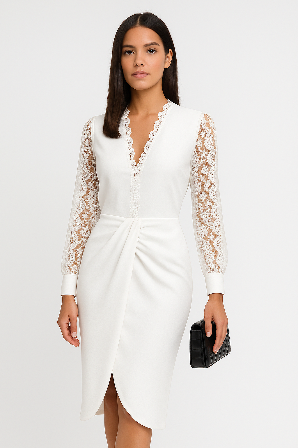 Sharon | Avond jurk met kanten mouwen | Diepe V-hals