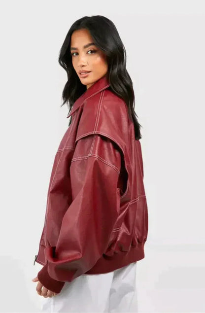 Oversized jas rode leren bomberjack