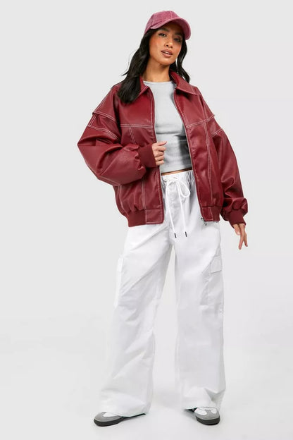 Oversized jas rode leren bomberjack