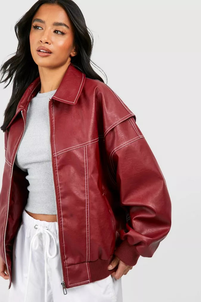 Oversized jas rode leren bomberjack